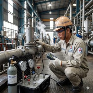 Chuyên viên An Toàn Tải đang thực hiện kiểm định van tại nhà máy sử dụng thiết bị chuyên dụng